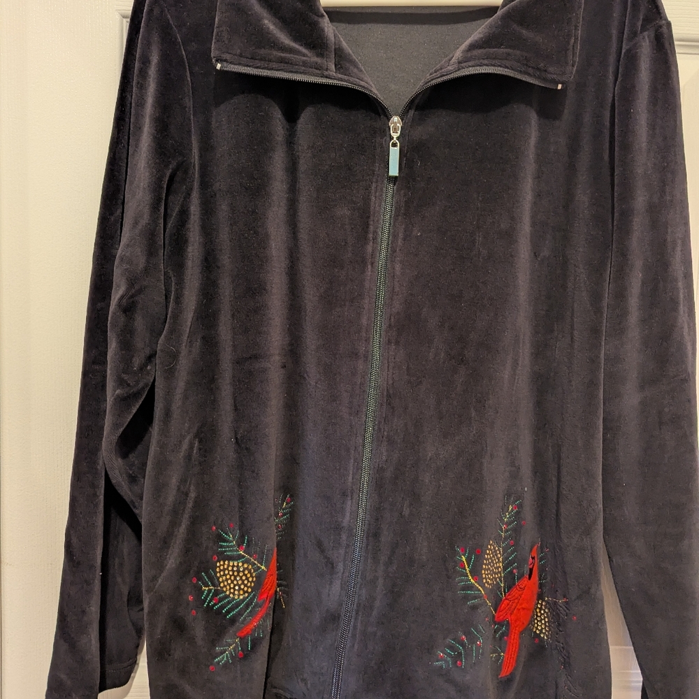 Seventh Avenue Jacket Womens 2X Velour Black Emboridered Cardinal Full Zip